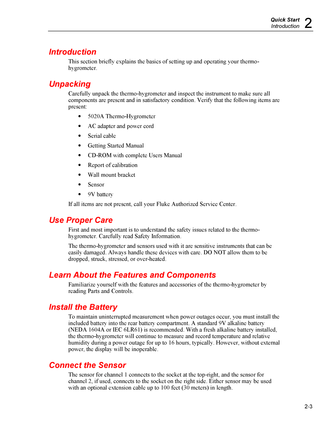 Fluke 5020A Unpacking, Use Proper Care, Learn About the Features and Components, Install the Battery, Connect the Sensor 
