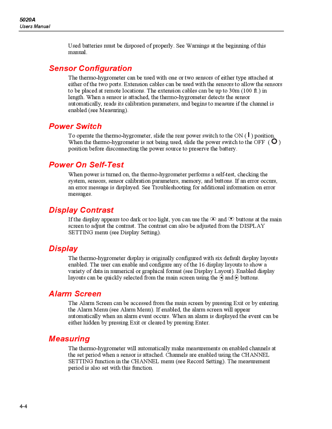 Fluke 5020A user manual Sensor Configuration, Power Switch, Power On Self-Test, Display Contrast, Alarm Screen, Measuring 