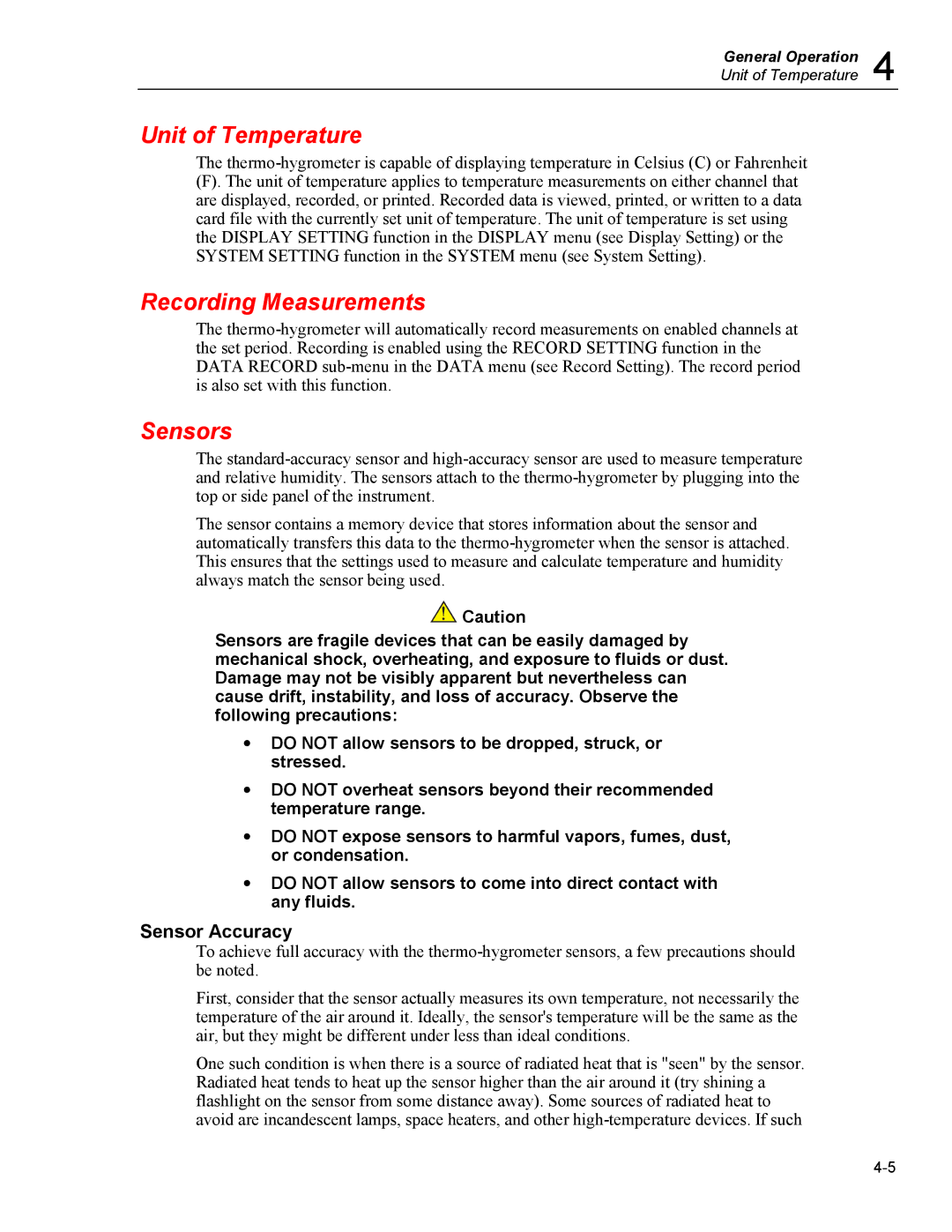 Fluke 5020A user manual Unit of Temperature, Recording Measurements, Sensors 