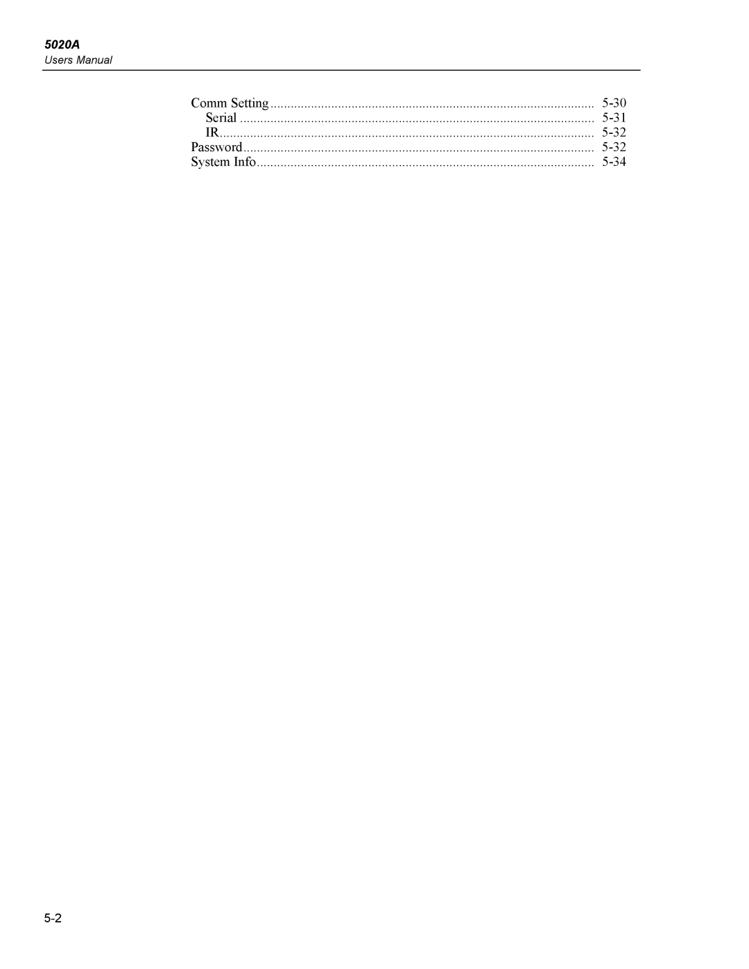 Fluke 5020A user manual Comm Setting Serial Password System Info 