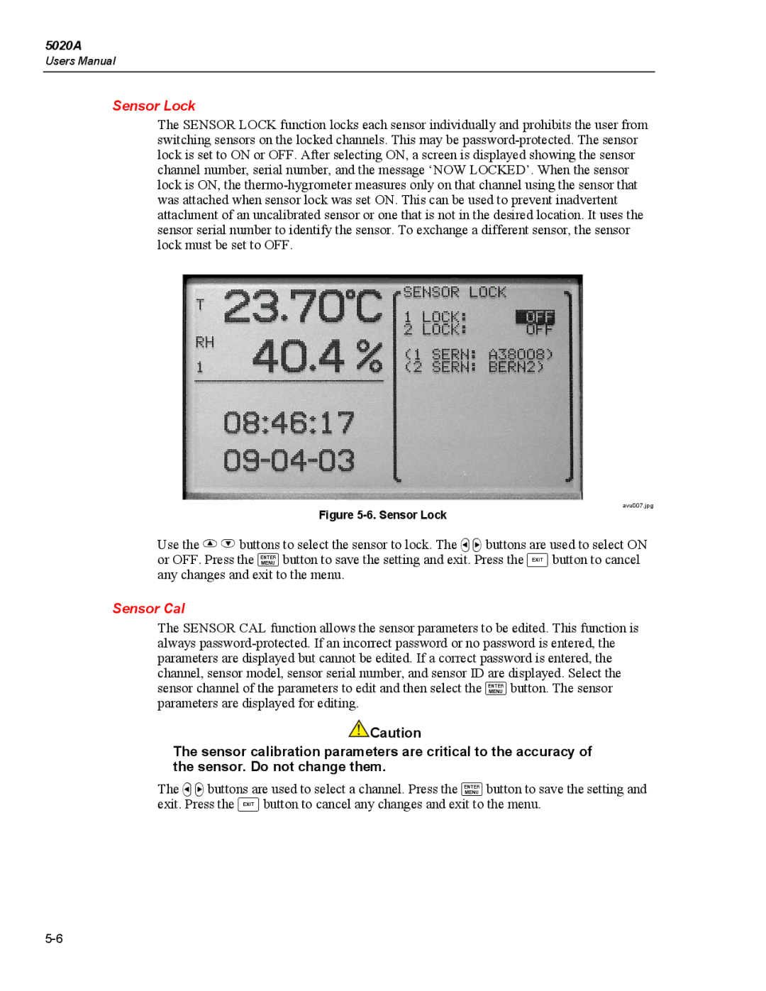 Fluke 5020A user manual Sensor Lock, Sensor Cal 