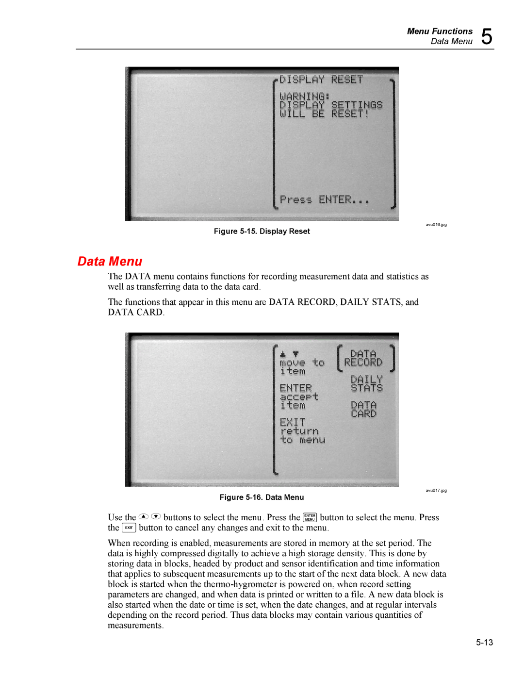 Fluke 5020A user manual Data Menu, Data Card 