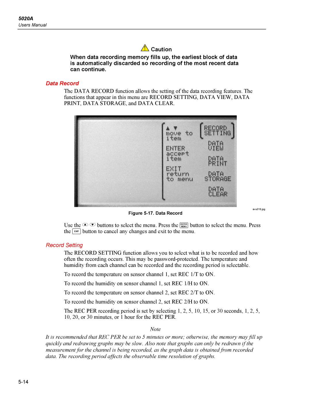 Fluke 5020A user manual Data Record, Record Setting 