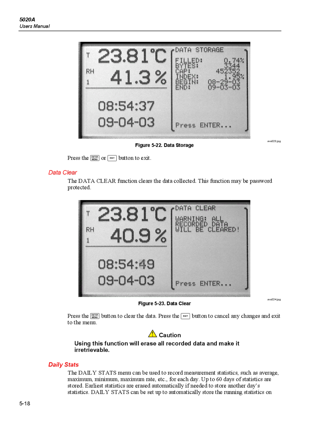 Fluke 5020A user manual Data Clear, Daily Stats 