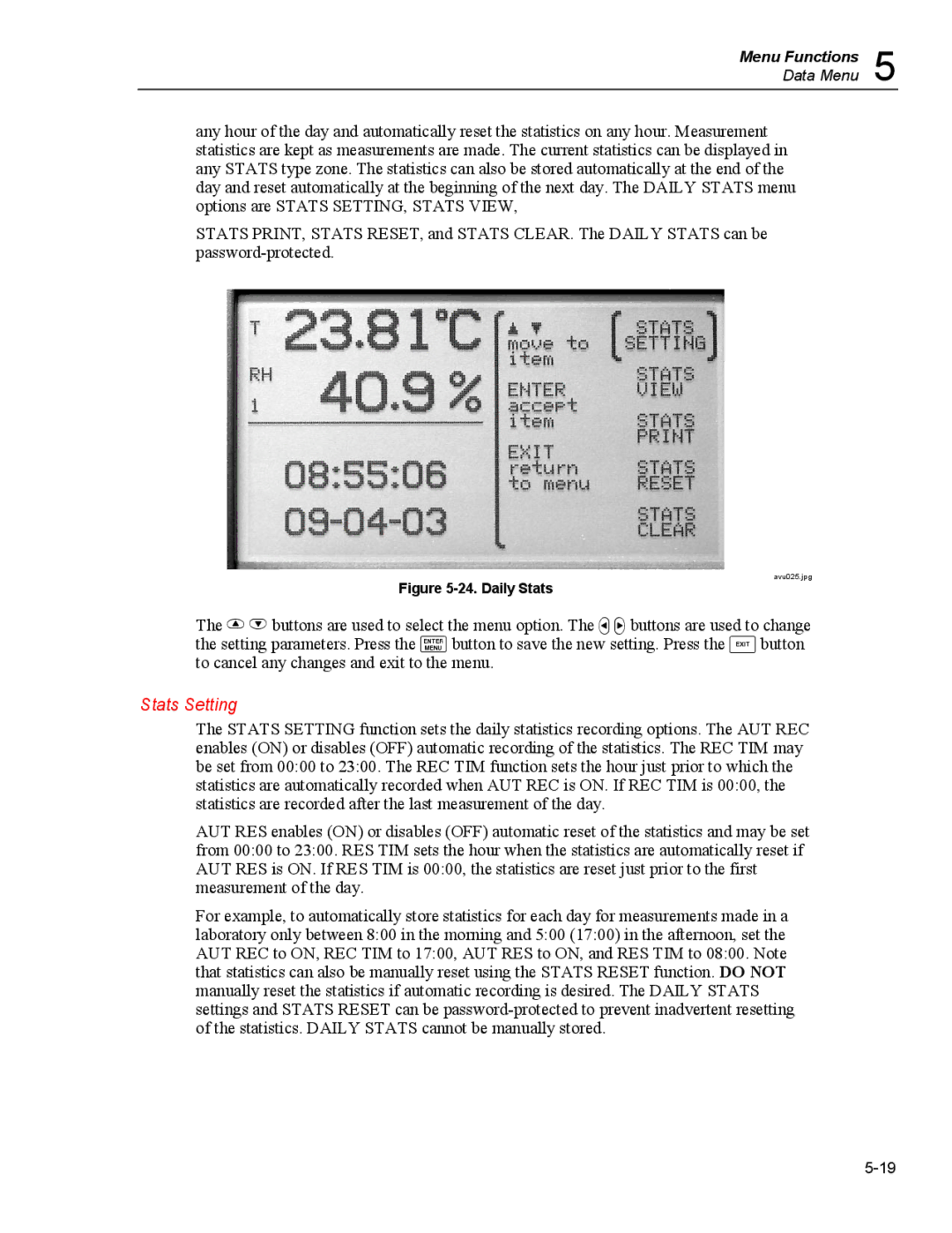 Fluke 5020A user manual Stats Setting, Daily Stats 