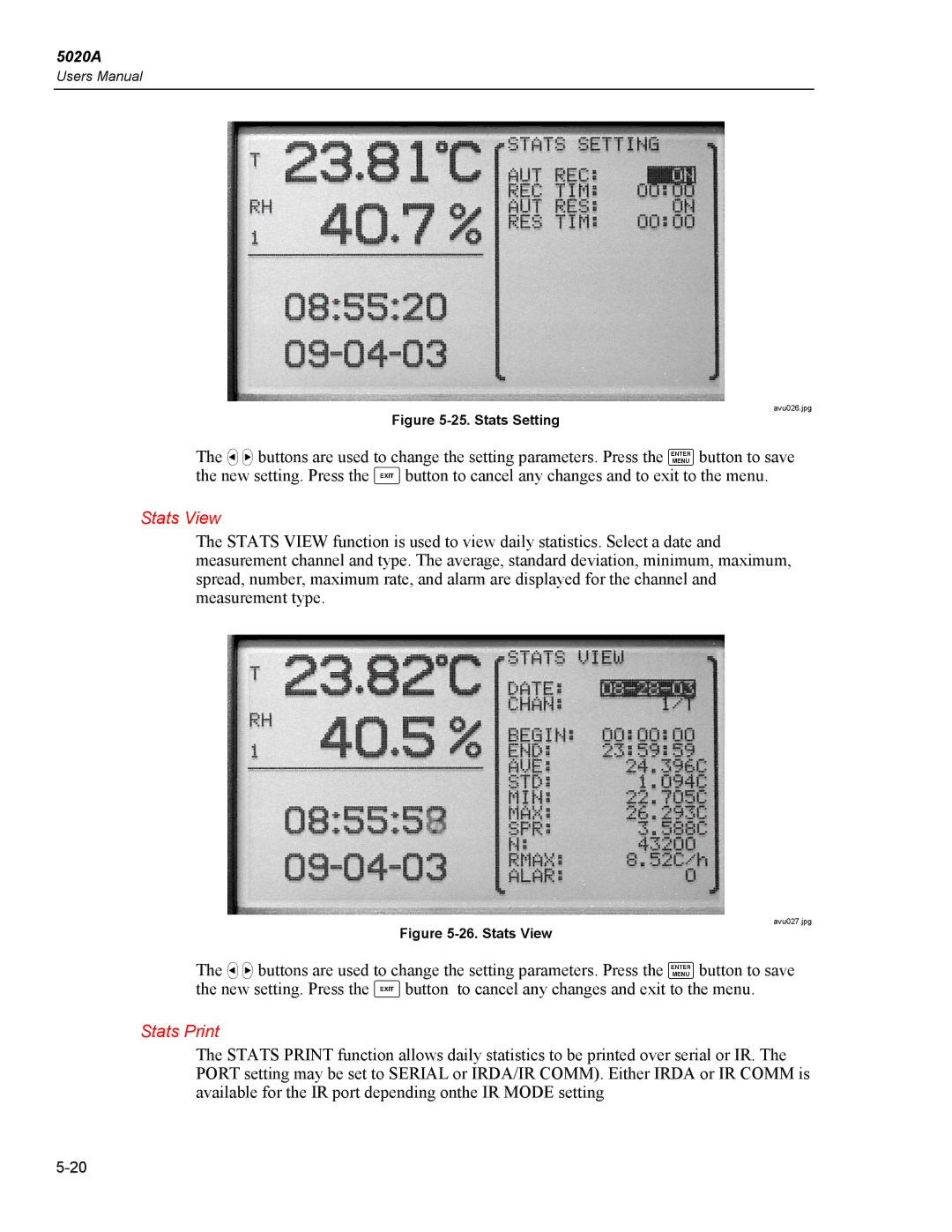 Fluke 5020A user manual Stats View, Stats Print 