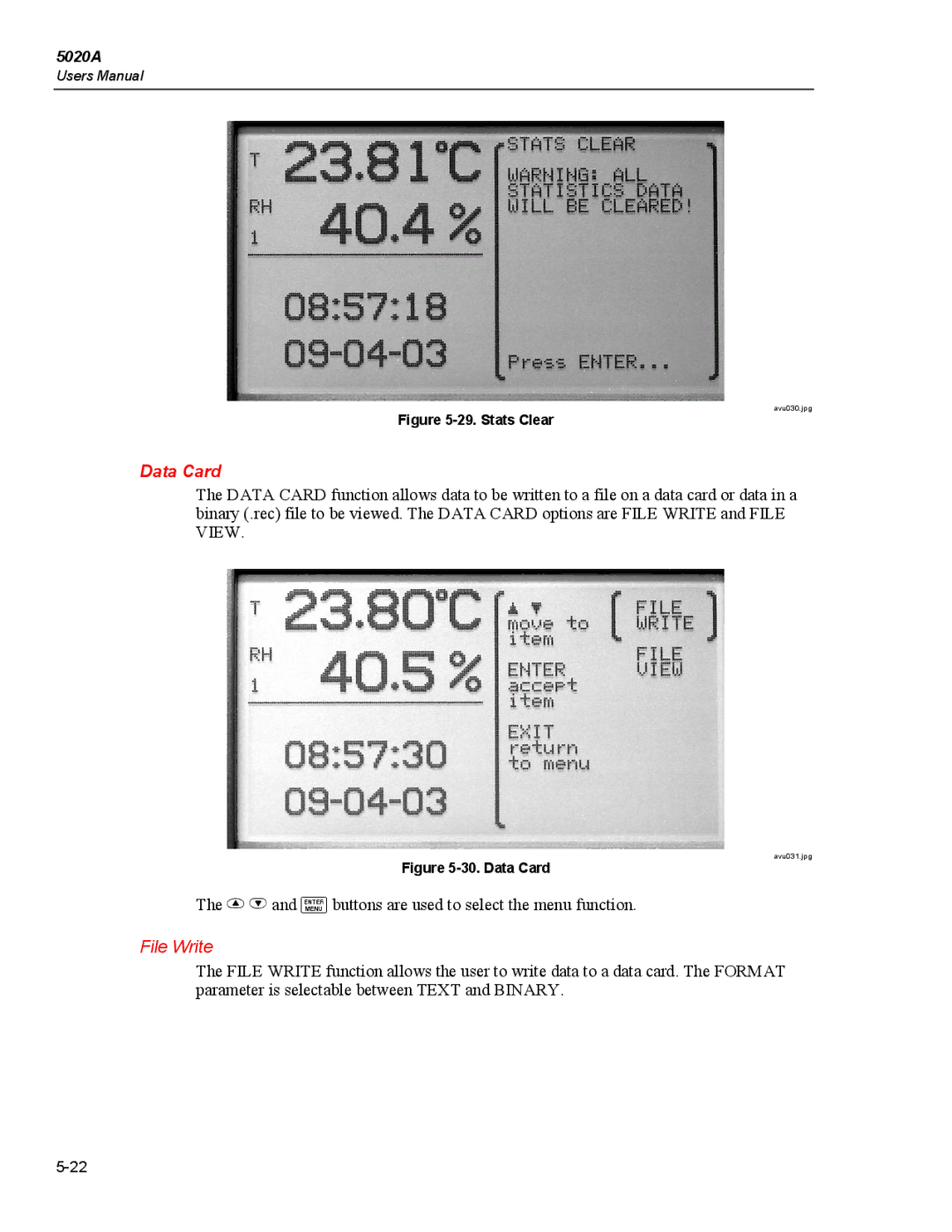 Fluke 5020A user manual Data Card, File Write 