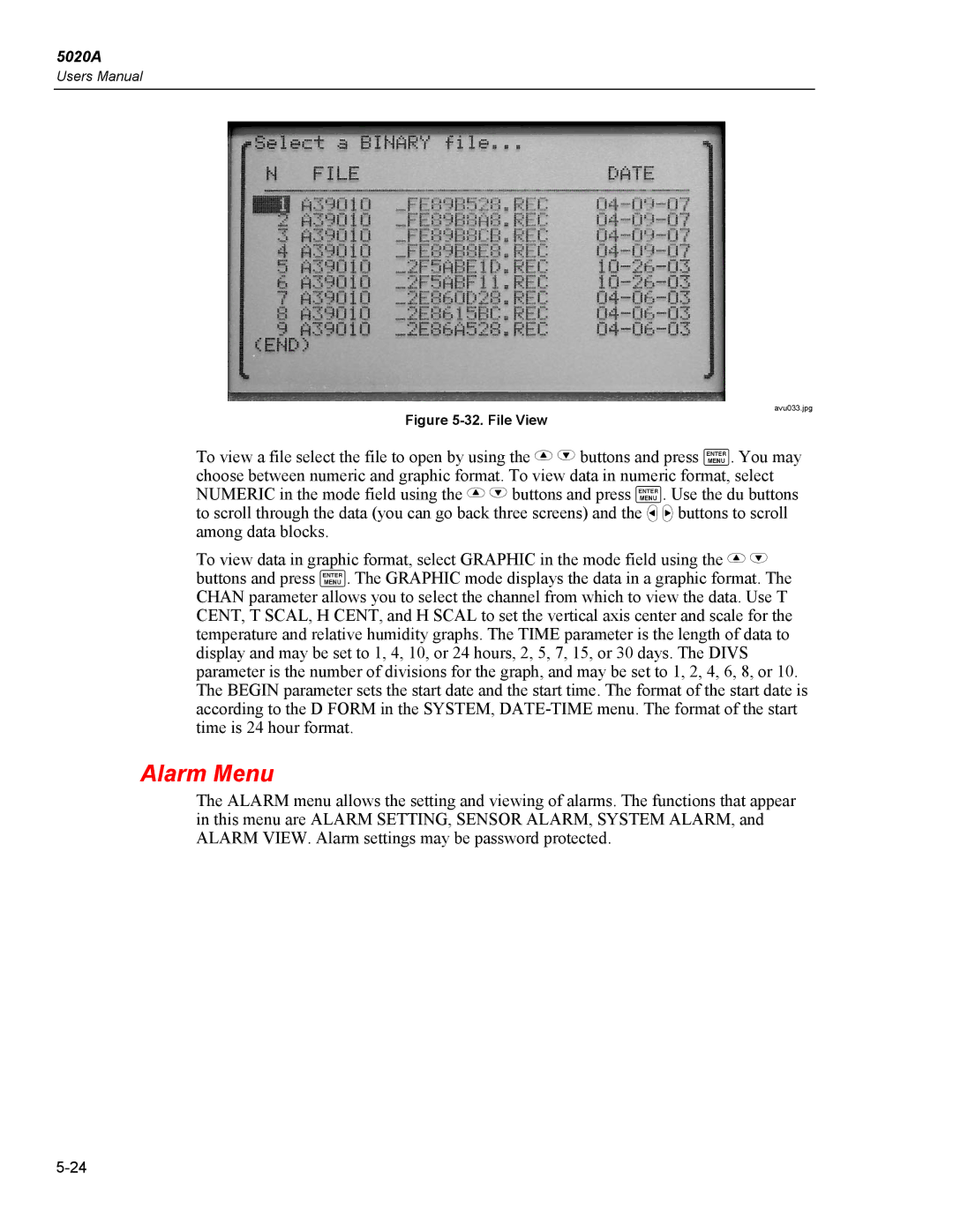 Fluke 5020A user manual Alarm Menu, File View 