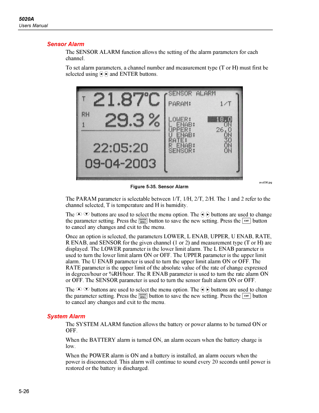 Fluke 5020A user manual Sensor Alarm, System Alarm 