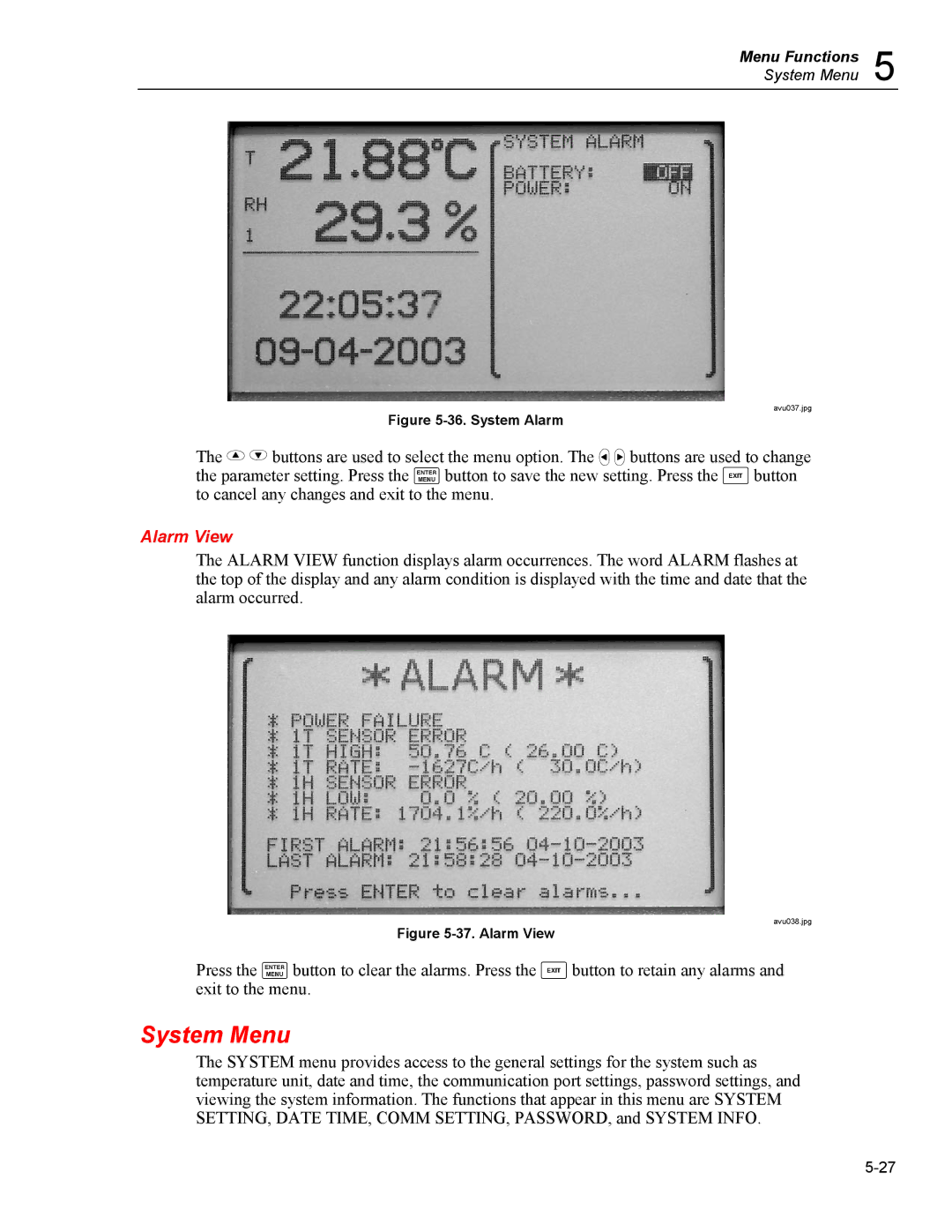 Fluke 5020A user manual System Menu, Alarm View 