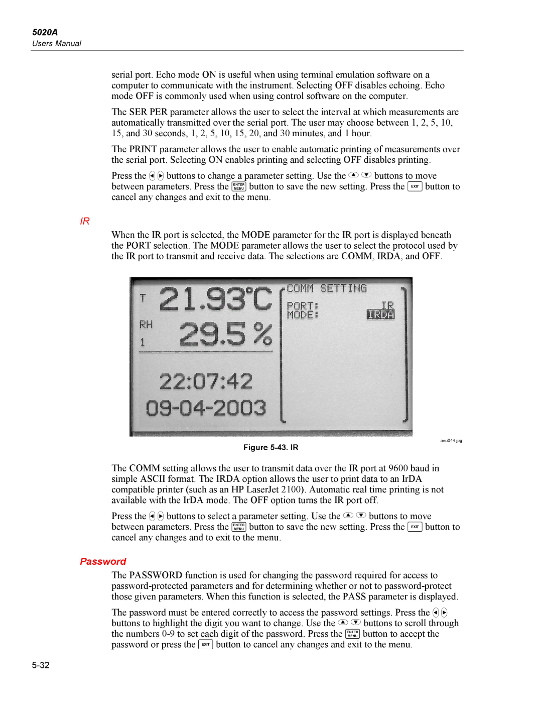 Fluke 5020A user manual Password, 43. IR 