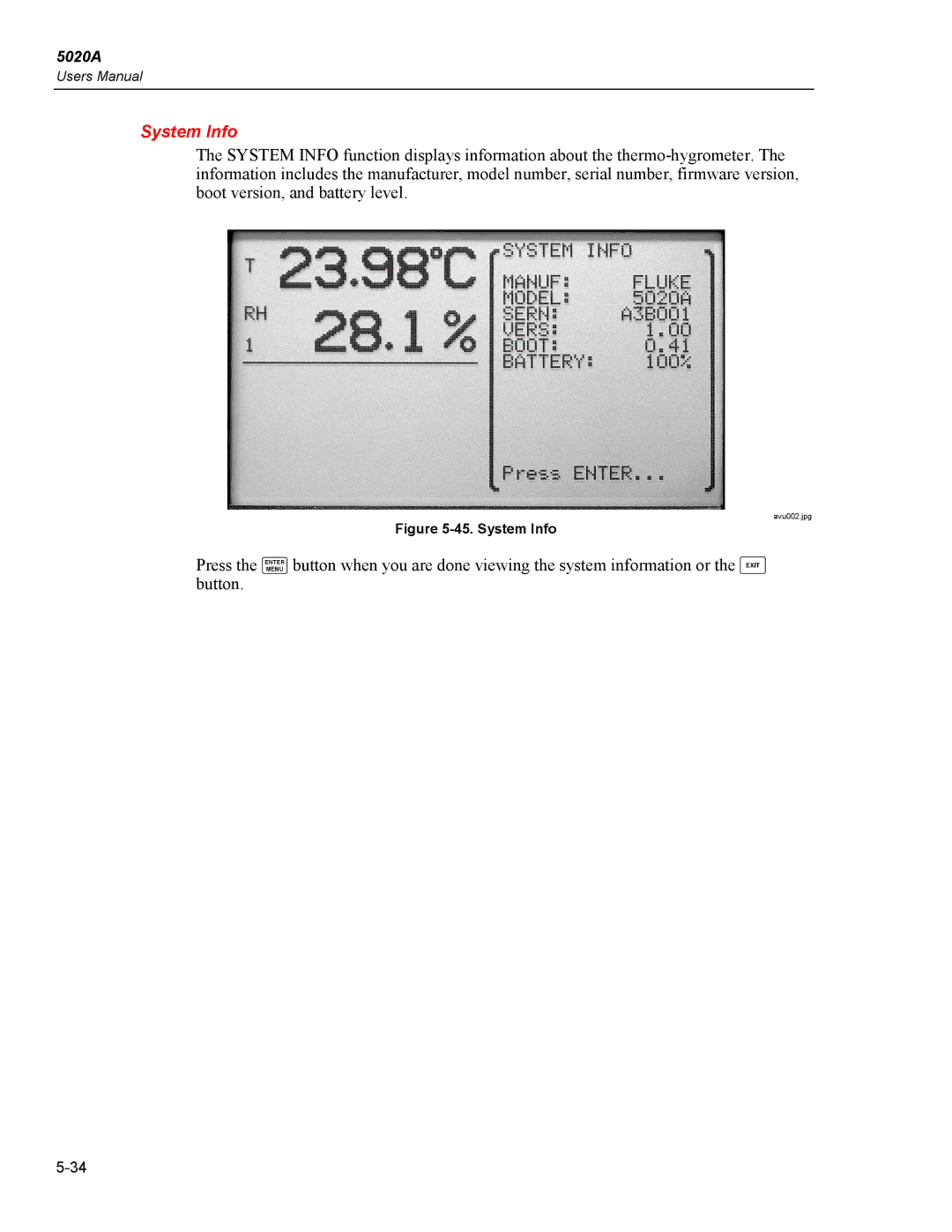 Fluke 5020A user manual System Info 