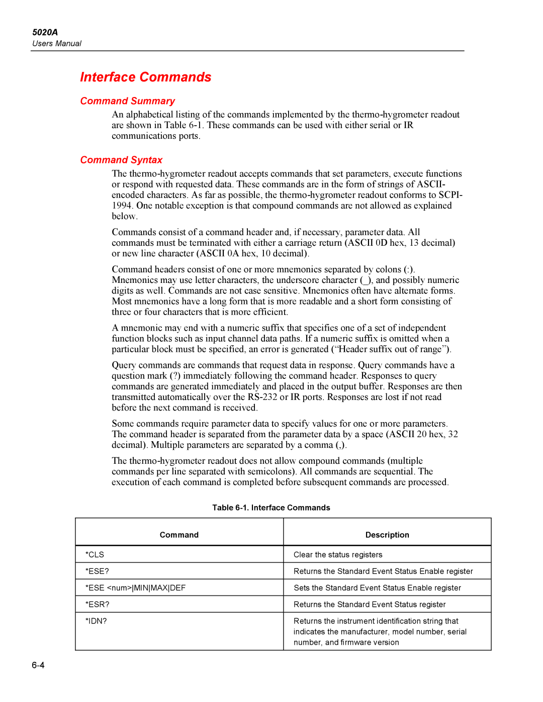 Fluke 5020A user manual Interface Commands, Command Summary, Command Syntax 