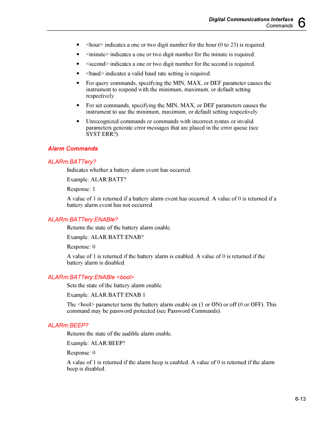 Fluke 5020A user manual Alarm Commands, ALARmBATTery?, ALARmBATTeryENABle?, ALARmBATTeryENABle bool, ALARmBEEP? 