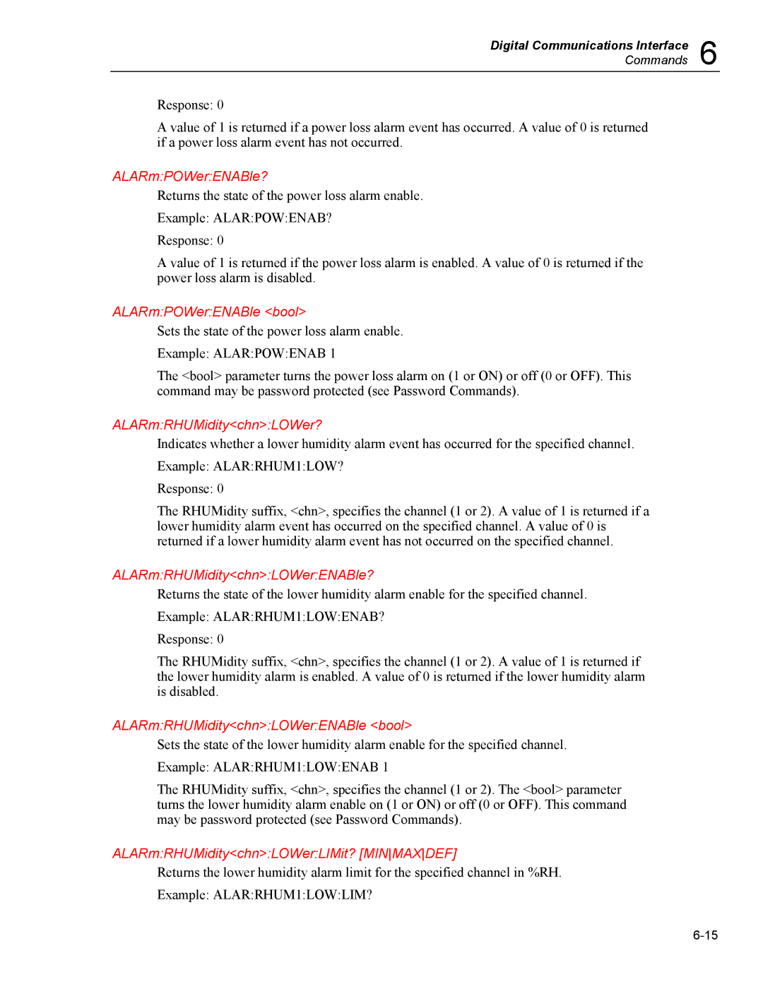 Fluke 5020A user manual ALARmPOWerENABle?, ALARmPOWerENABle bool, ALARmRHUMiditychnLOWer?, ALARmRHUMiditychnLOWerENABle? 