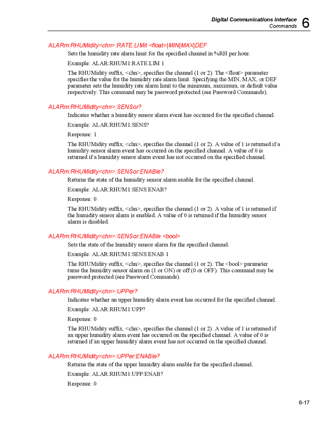 Fluke 5020A user manual ALARmRHUMiditychnRATELIMit floatMINMAXDEF, ALARmRHUMiditychnSENSor?, ALARmRHUMiditychnSENSorENABle? 