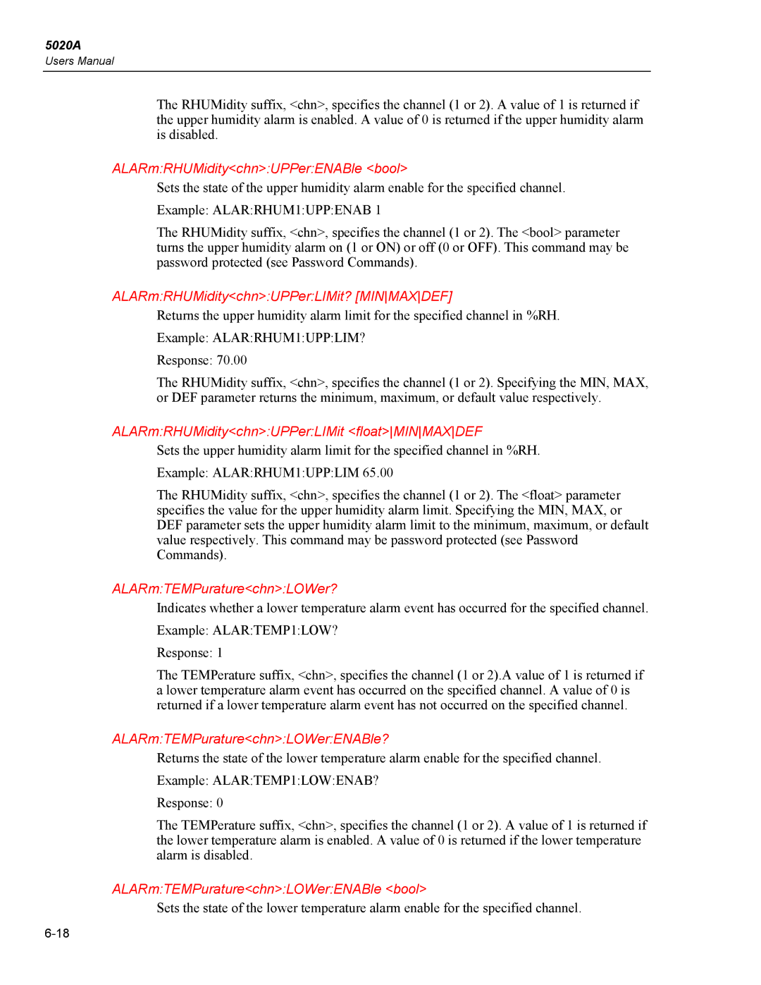 Fluke 5020A ALARmRHUMiditychnUPPerENABle bool, ALARmRHUMiditychnUPPerLIMit? Minmaxdef, ALARmTEMPuraturechnLOWer? 