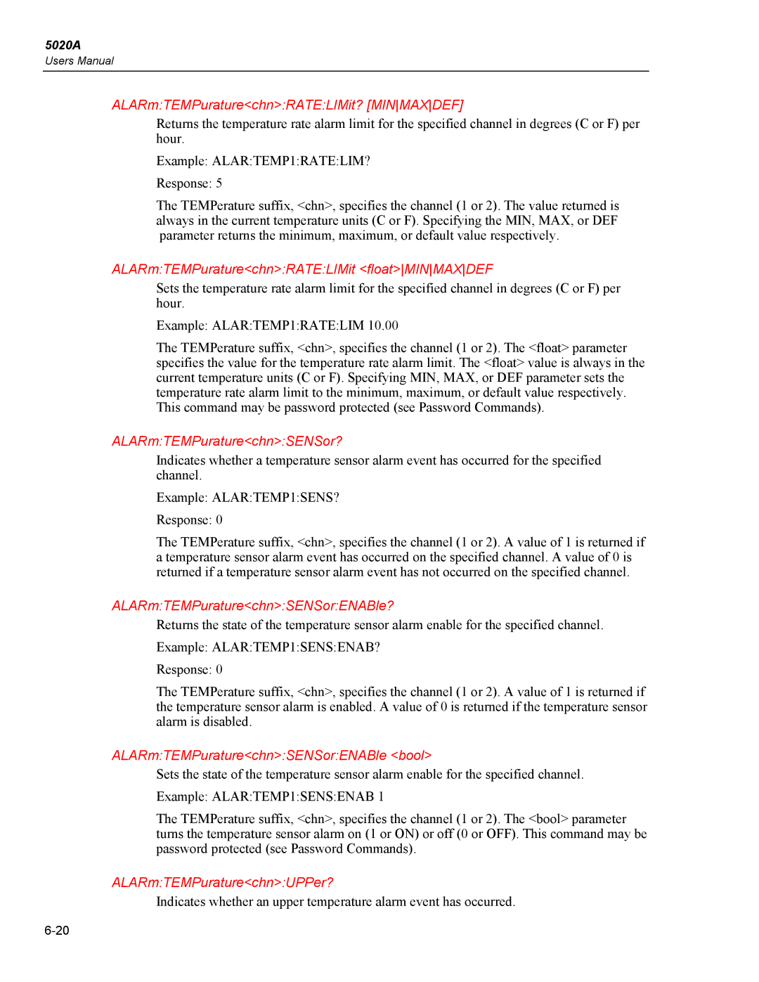 Fluke 5020A user manual ALARmTEMPuraturechnRATELIMit? Minmaxdef, ALARmTEMPuraturechnRATELIMit floatMINMAXDEF 