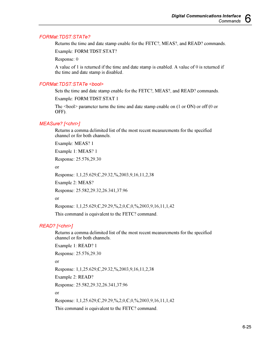 Fluke 5020A user manual FORMatTDSTSTATe?, FORMatTDSTSTATe bool, MEASure? chn, READ? chn 