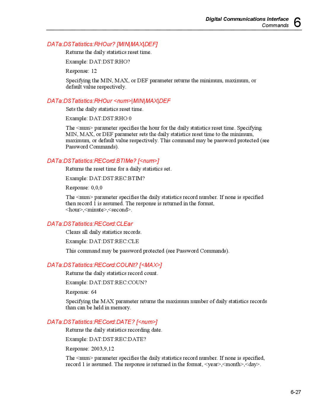 Fluke 5020A user manual DATaDSTatisticsRHOur? Minmaxdef, DATaDSTatisticsRHOur numMINMAXDEF, DATaDSTatisticsRECordBTIMe? num 