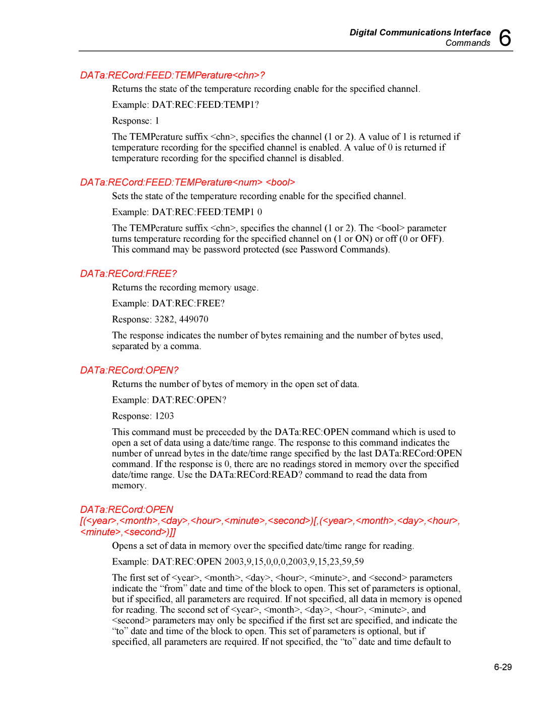 Fluke 5020A user manual DATaRECordFEEDTEMPeraturechn?, DATaRECordFEEDTEMPeraturenum bool, DATaRECordFREE?, DATaRECordOPEN? 