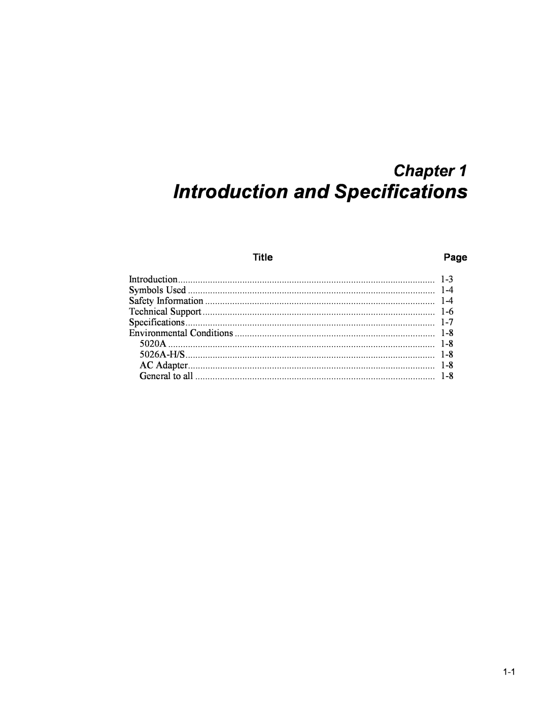 Fluke 5020A user manual Introduction and Specifications, Chapter, Title, Page 