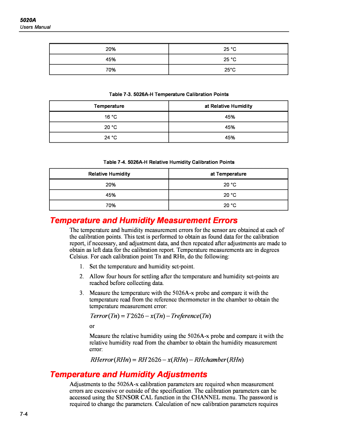 Fluke 5020A user manual Temperature and Humidity Measurement Errors, Temperature and Humidity Adjustments 