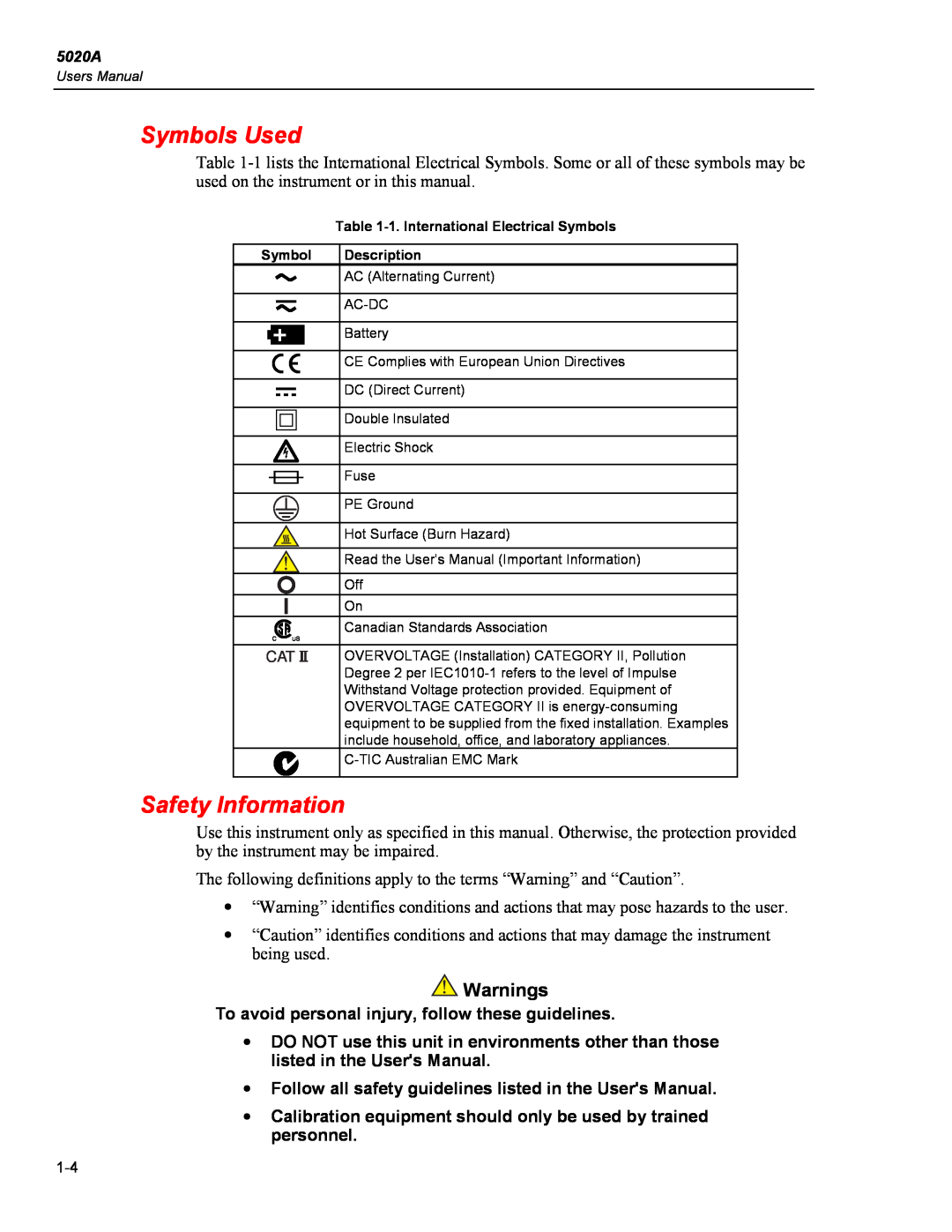Fluke 5020A user manual Symbols Used, Safety Information, Warnings, To avoid personal injury, follow these guidelines 