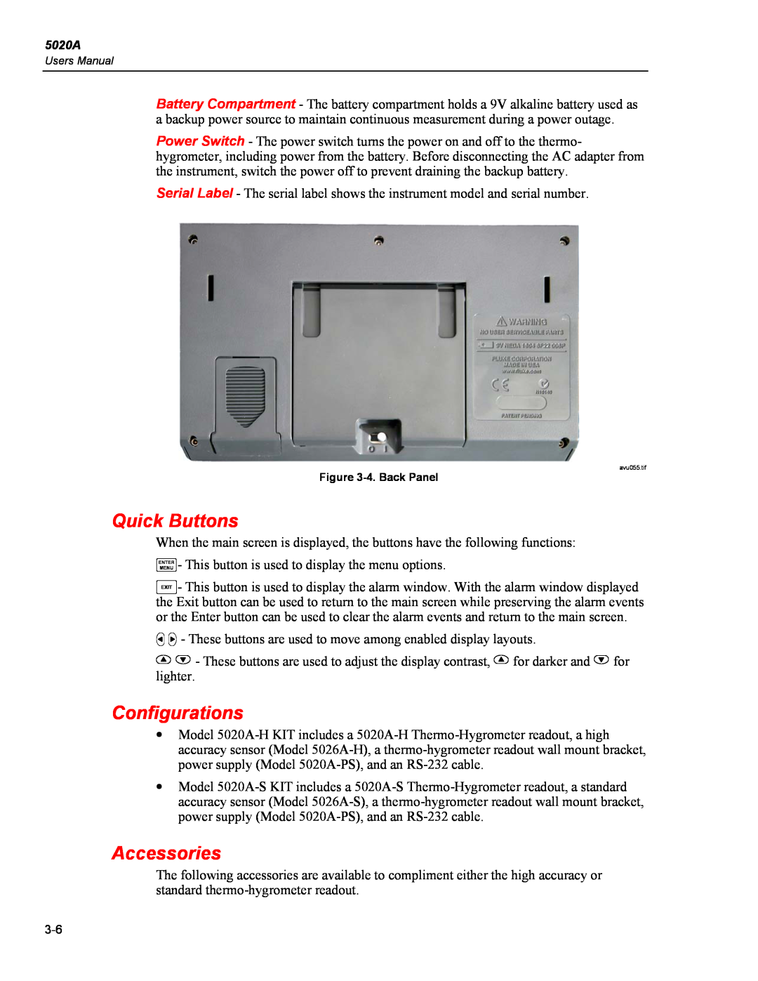 Fluke 5020A user manual Quick Buttons, Configurations, Accessories, 4. Back Panel 