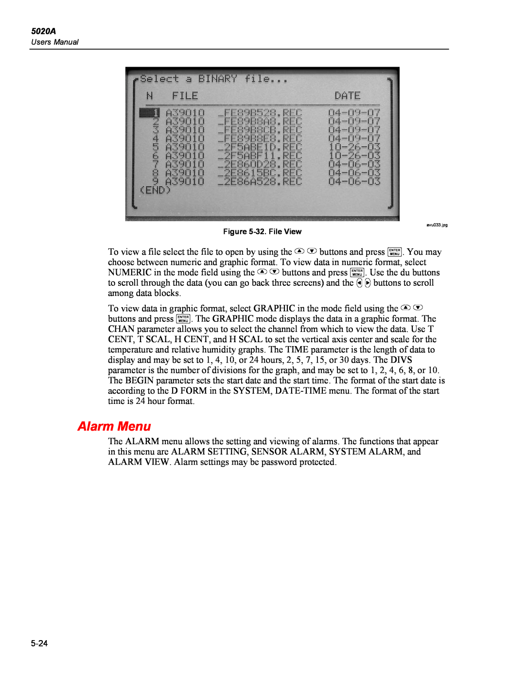 Fluke 5020A user manual Alarm Menu, 32. File View 