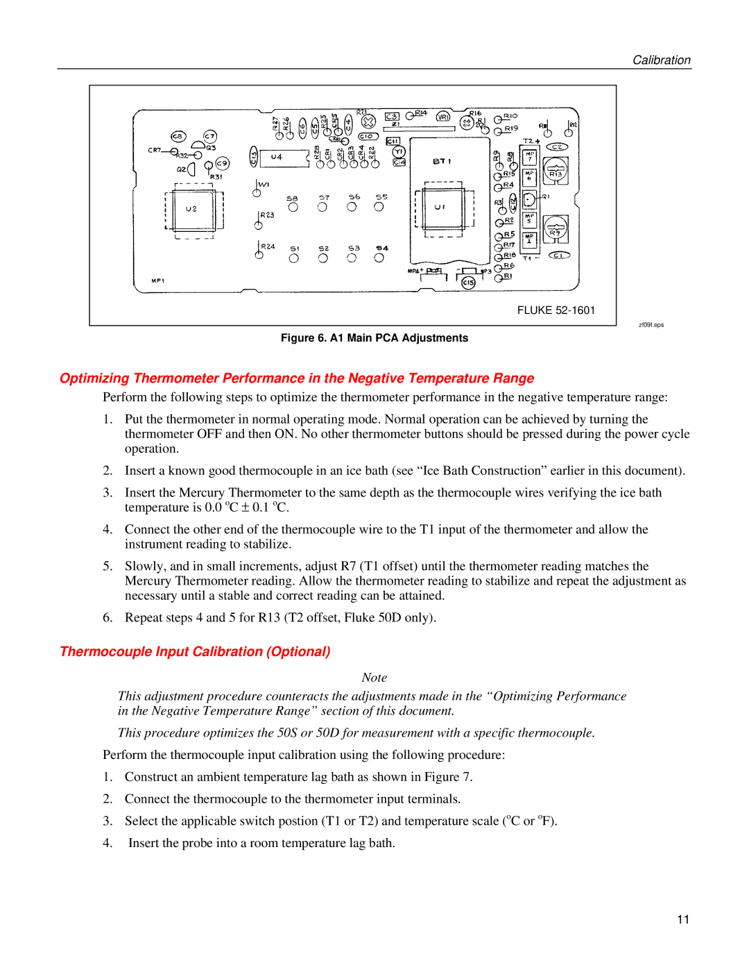 Fluke 50D, 50S warranty Thermocouple Input Calibration Optional, A1 Main PCA Adjustments 