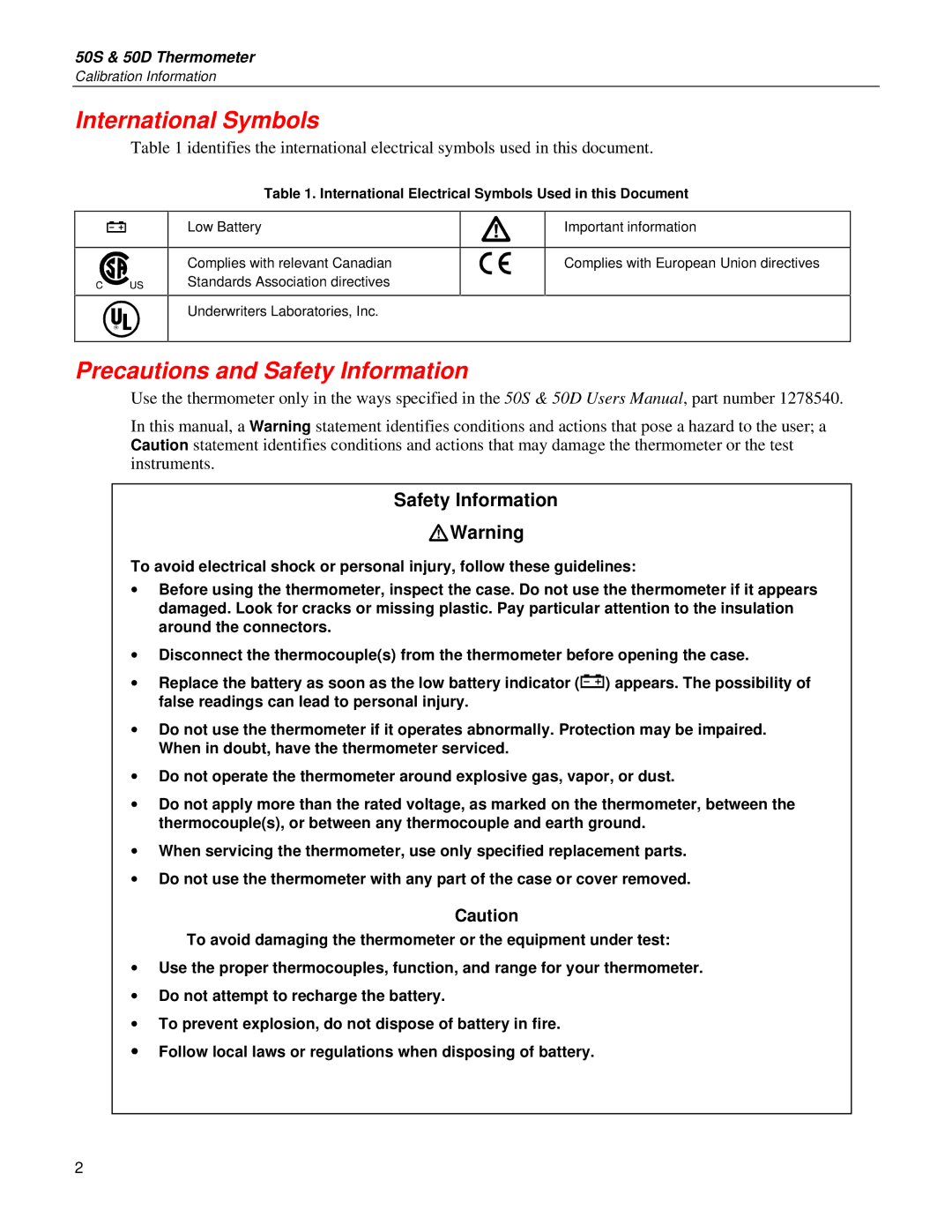 Fluke 50S, 50D warranty International Symbols, Precautions and Safety Information 