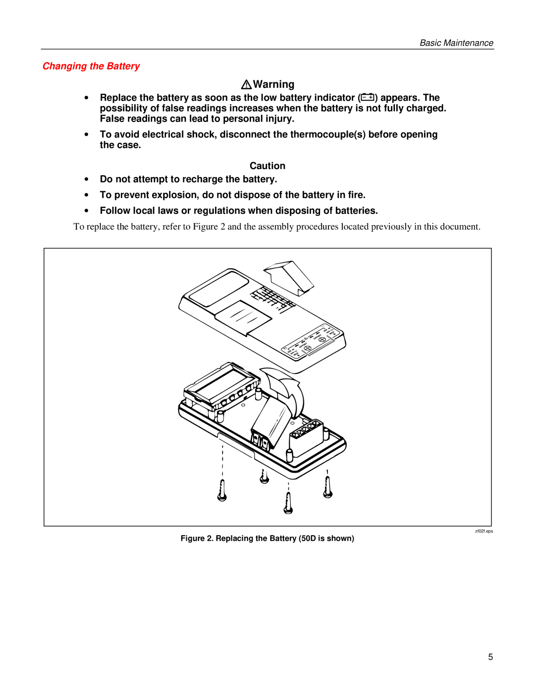 Fluke 50S warranty Changing the Battery, Replacing the Battery 50D is shown 