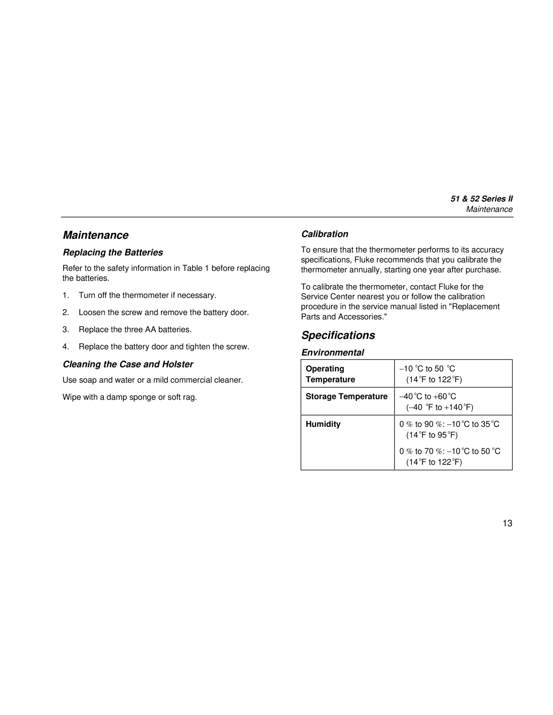 Fluke 51 & 52 Series II user manual Maintenance, Specifications 