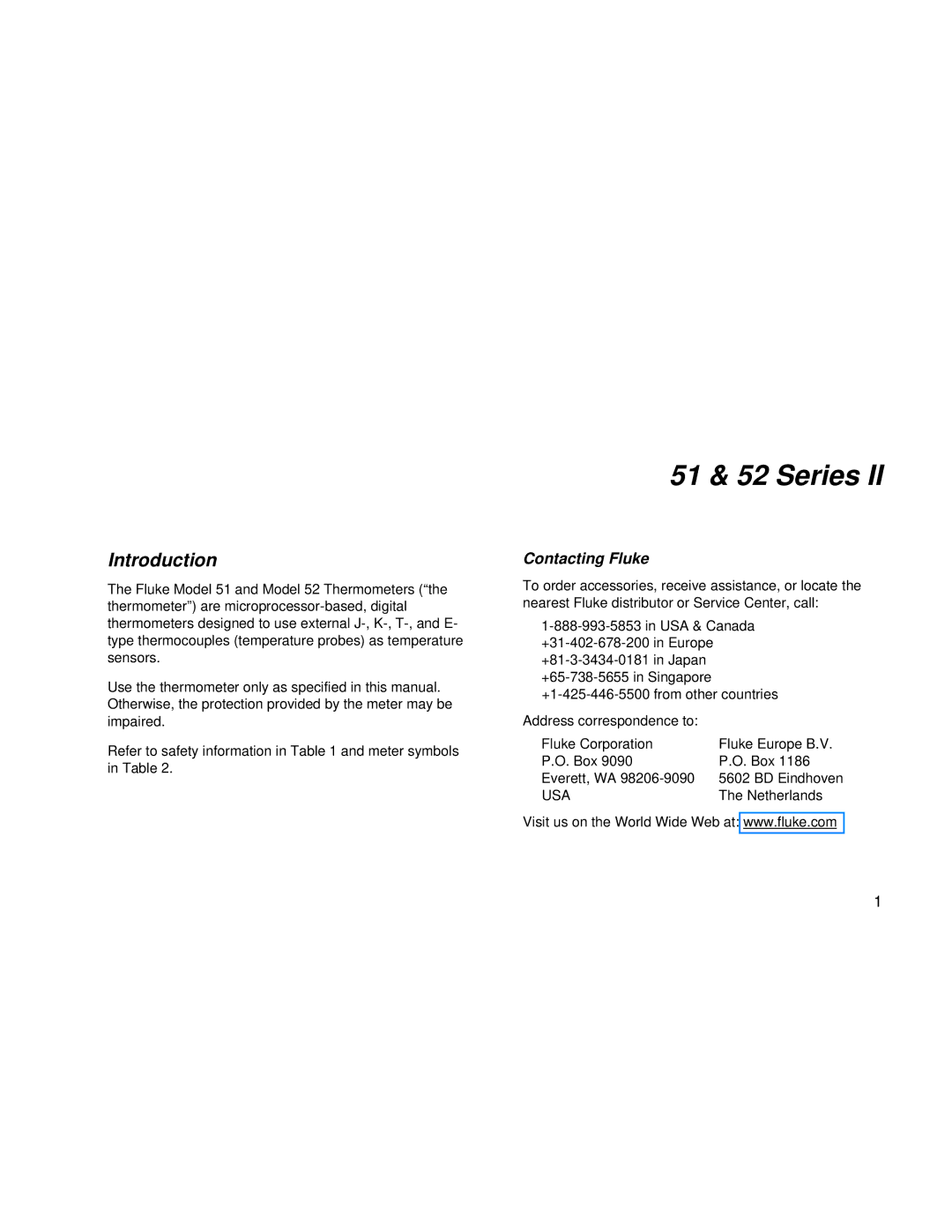 Fluke 51 & 52 Series II user manual Introduction, Contacting Fluke 