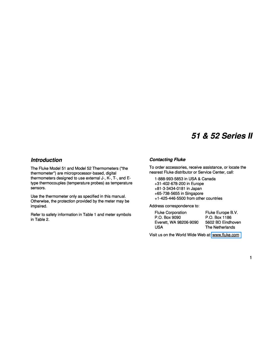 Fluke 51 & 52 Series II user manual Introduction, Contacting Fluke 