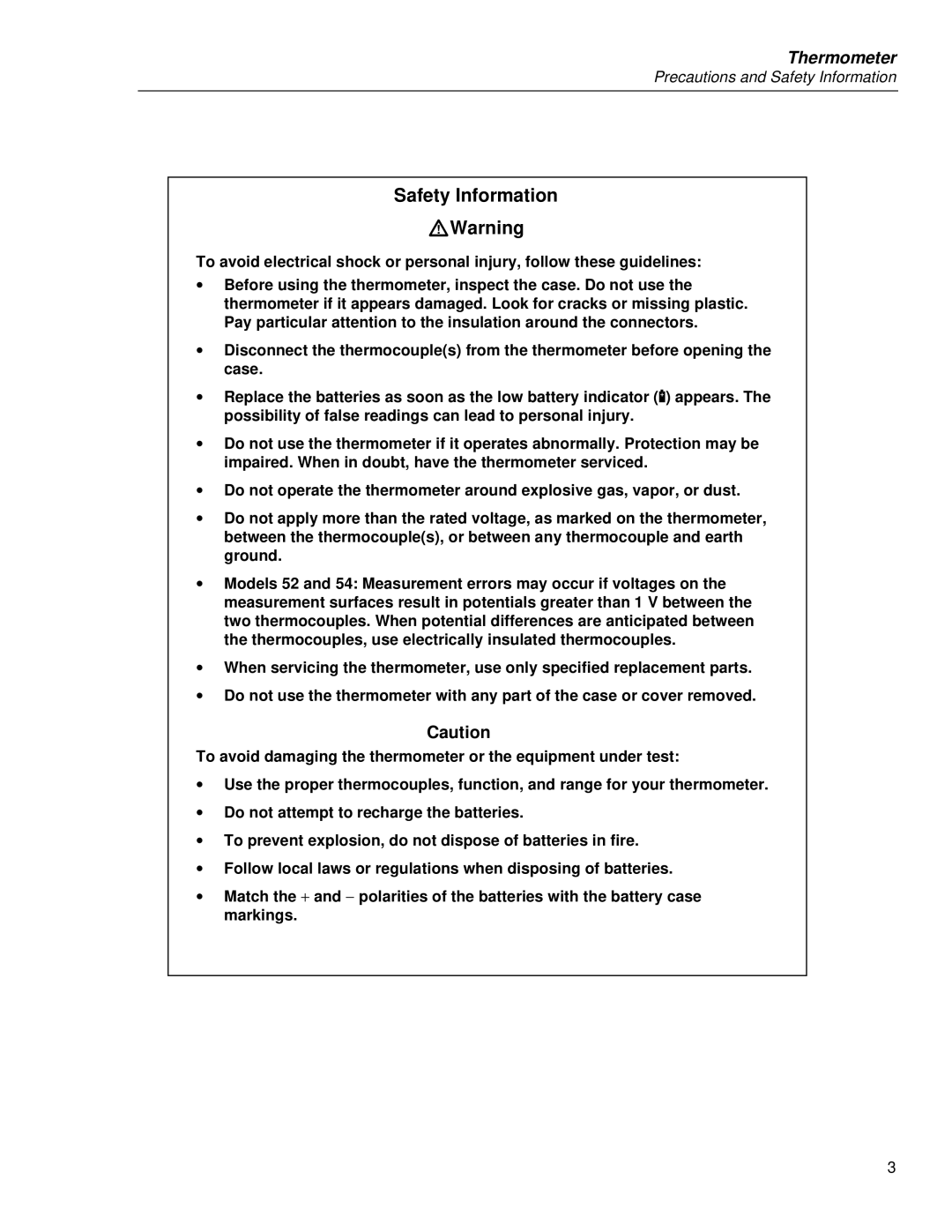 Fluke 53, 51, 54, 52 service manual Safety Information WWarning, Thermometer 