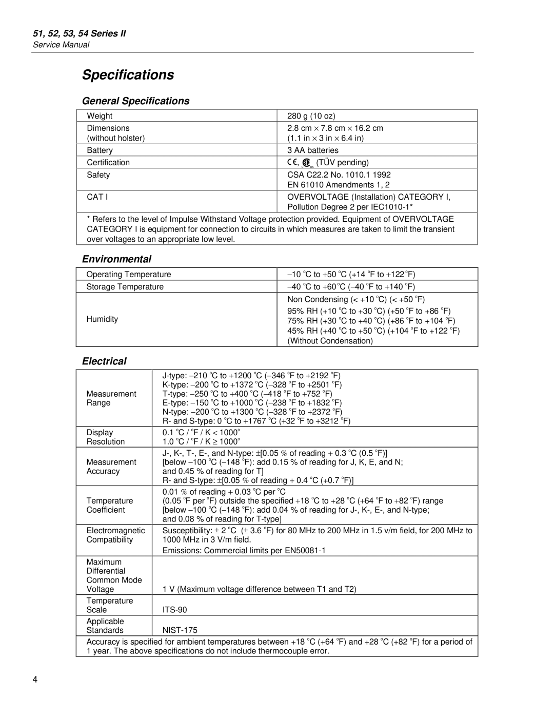 Fluke 51, 54, 52, 53 service manual General Specifications, Environmental, Electrical 