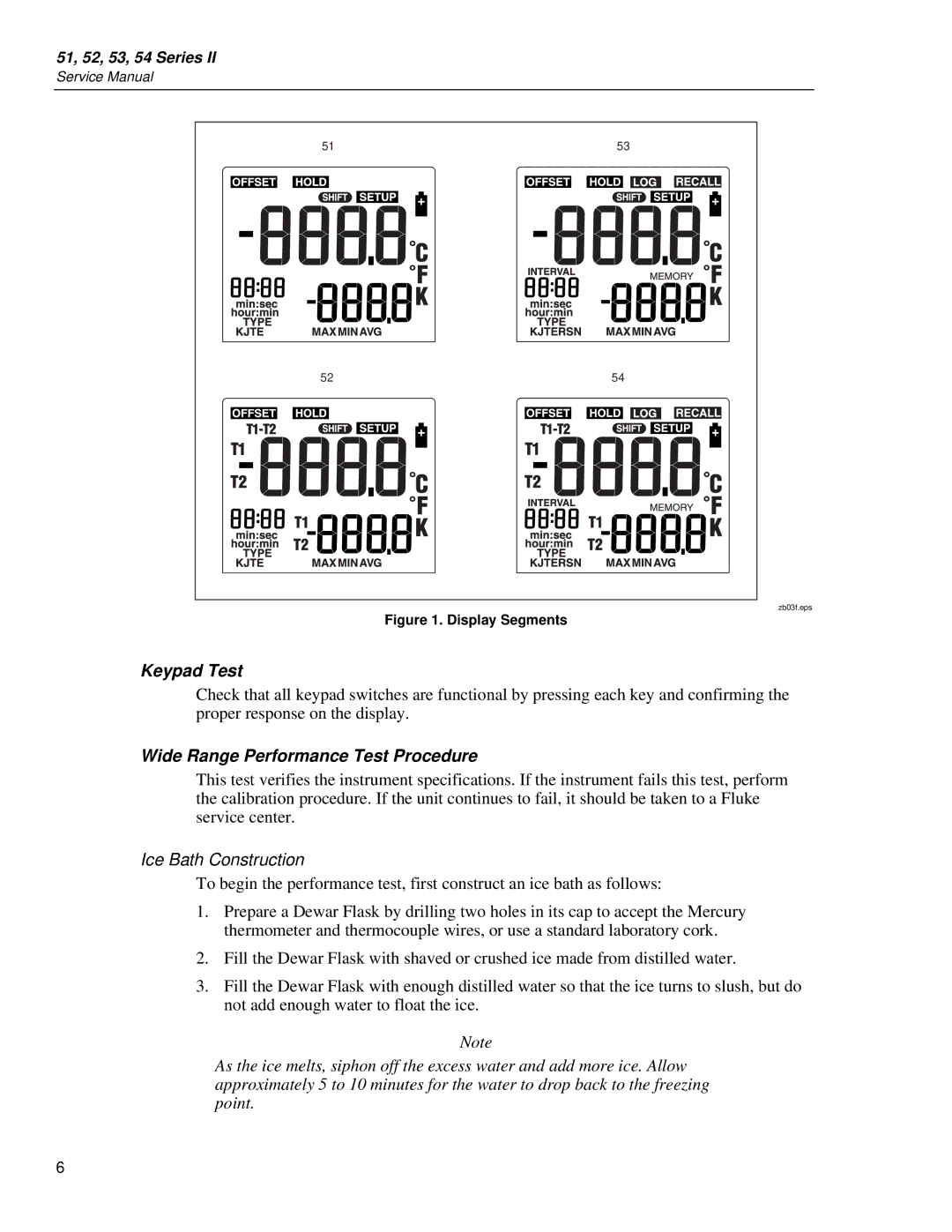 Fluke 52, 51, 54, 53 service manual Keypad Test, Wide Range Performance Test Procedure 