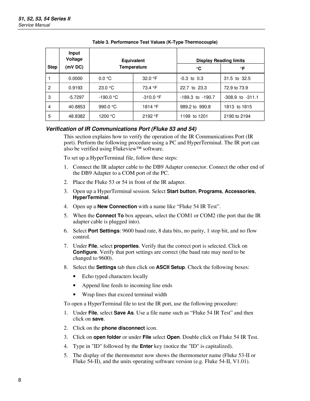 Fluke 51, 54, 52 service manual Verification of IR Communications Port Fluke 53, Temperature 