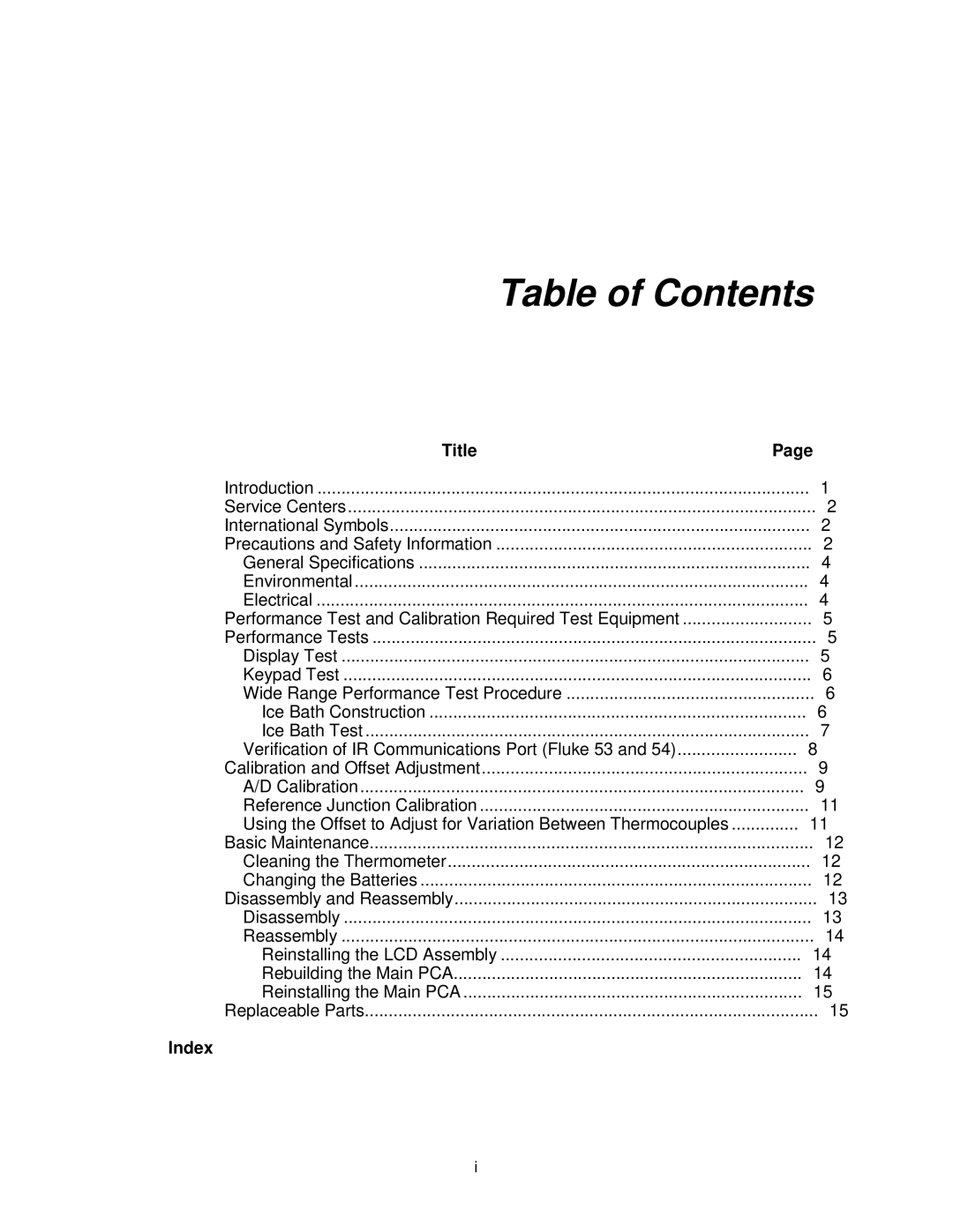 Fluke 53, 51, 54, 52 service manual Table of Contents 