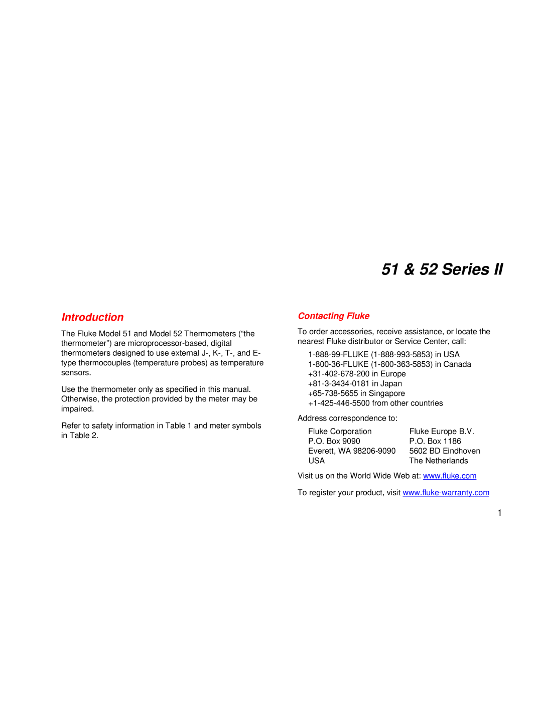 Fluke 52 Series, 51 Series user manual Introduction, Contacting Fluke 