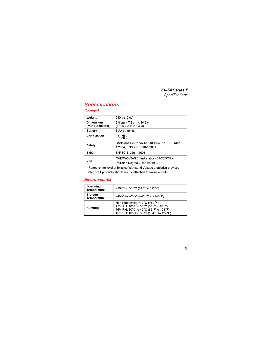 Fluke 51 specifications Specifications, General, Environmental 