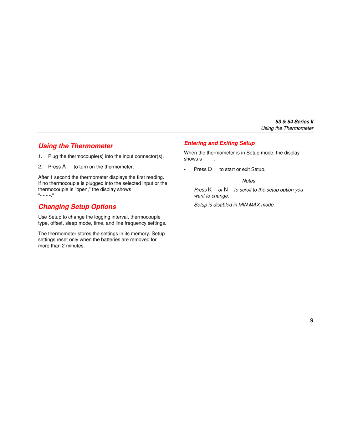 Fluke 53 & 54 Series user manual Using the Thermometer, Changing Setup Options, Entering and Exiting Setup 