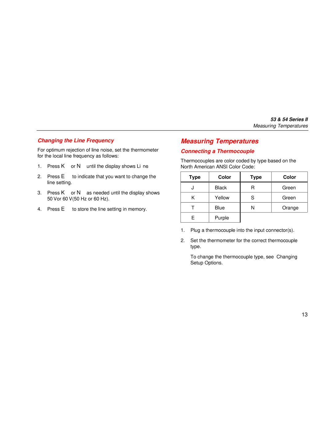 Fluke 53 & 54 Series user manual Measuring Temperatures, Changing the Line Frequency, Connecting a Thermocouple, Type Color 