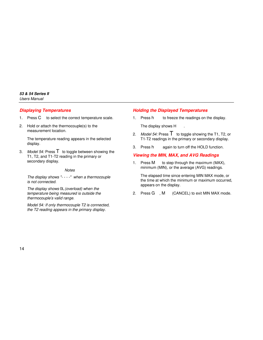 Fluke 53 & 54 Series Displaying Temperatures, Holding the Displayed Temperatures, Viewing the MIN, MAX, and AVG Readings 