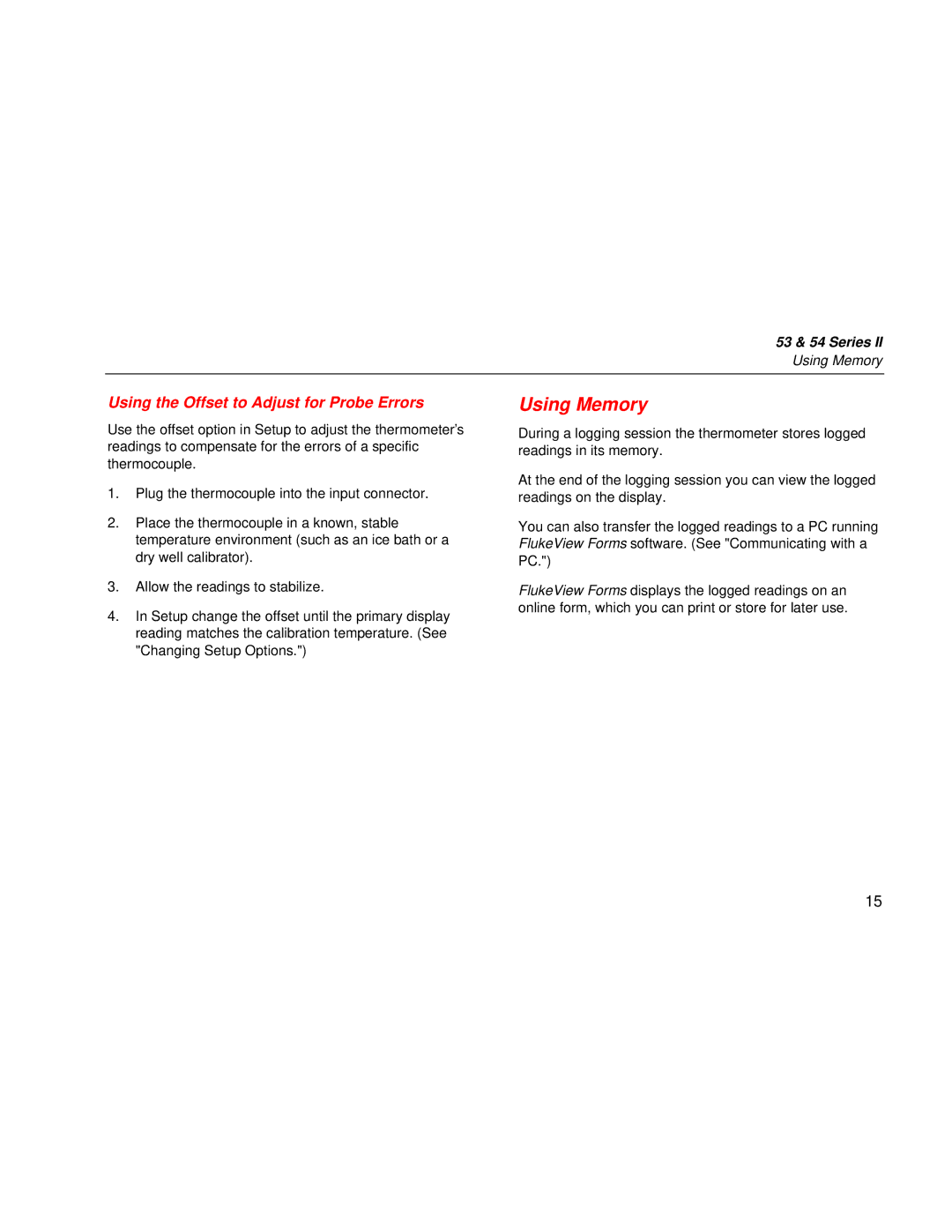 Fluke 53 & 54 Series user manual Using Memory, Using the Offset to Adjust for Probe Errors 