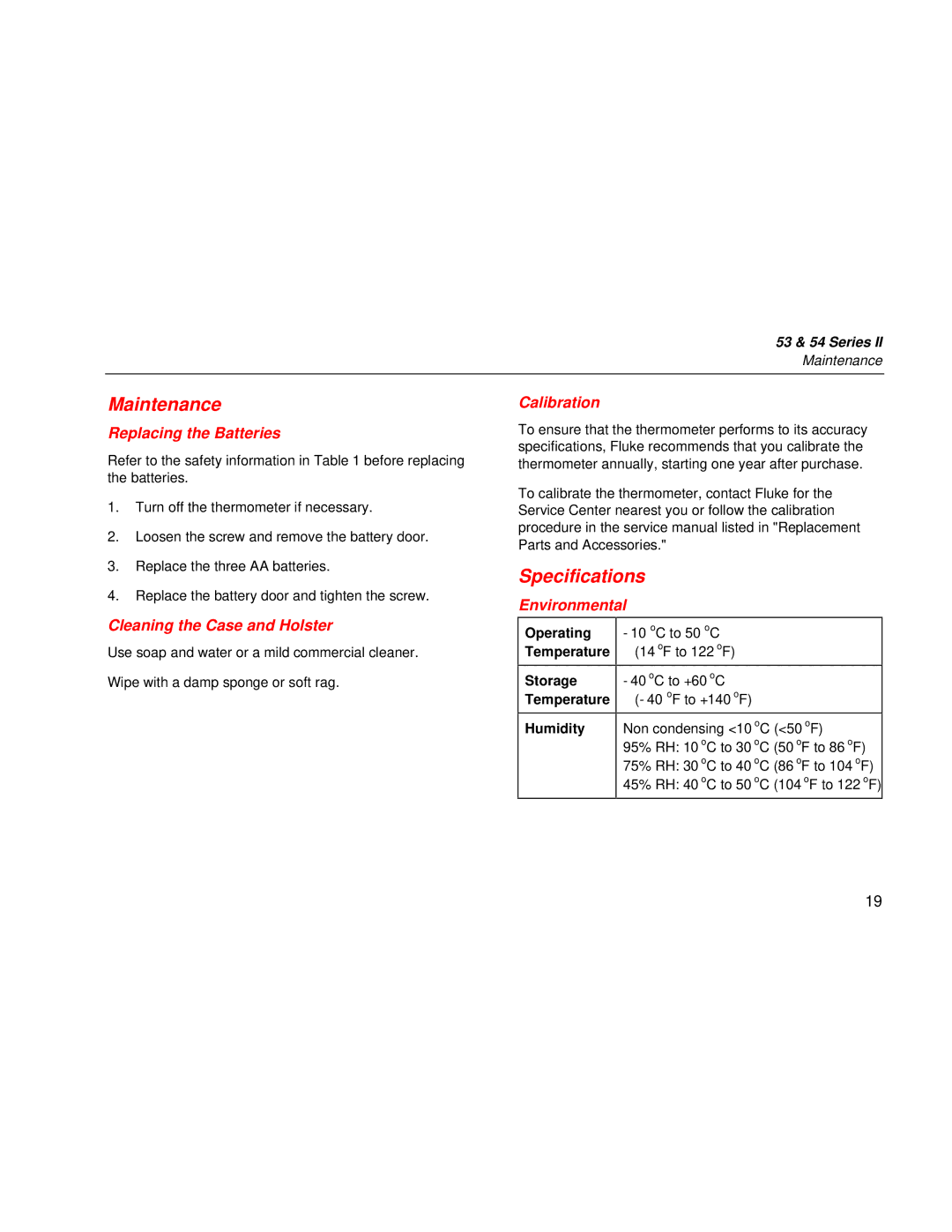 Fluke 53 & 54 Series user manual Maintenance, Specifications, Replacing the Batteries, Calibration 