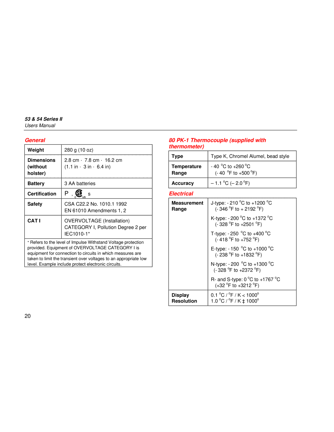 Fluke 53 & 54 Series user manual General 80 PK-1 Thermocouple supplied with Thermometer, Electrical 