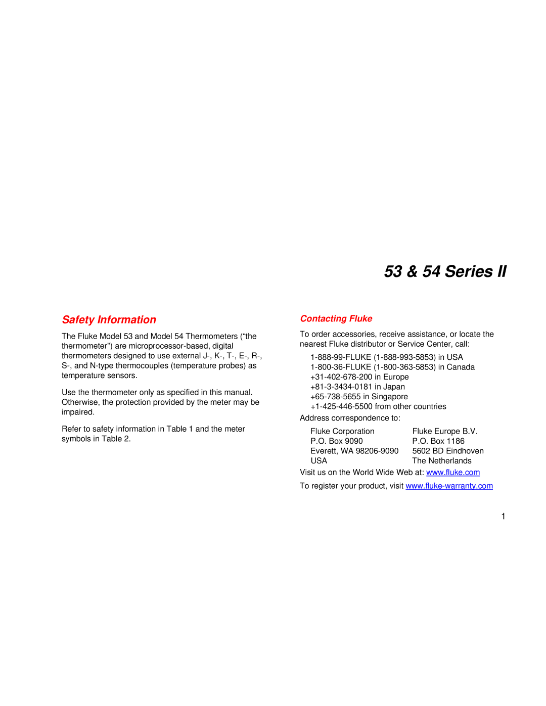 Fluke 53 & 54 Series user manual Safety Information, Contacting Fluke 